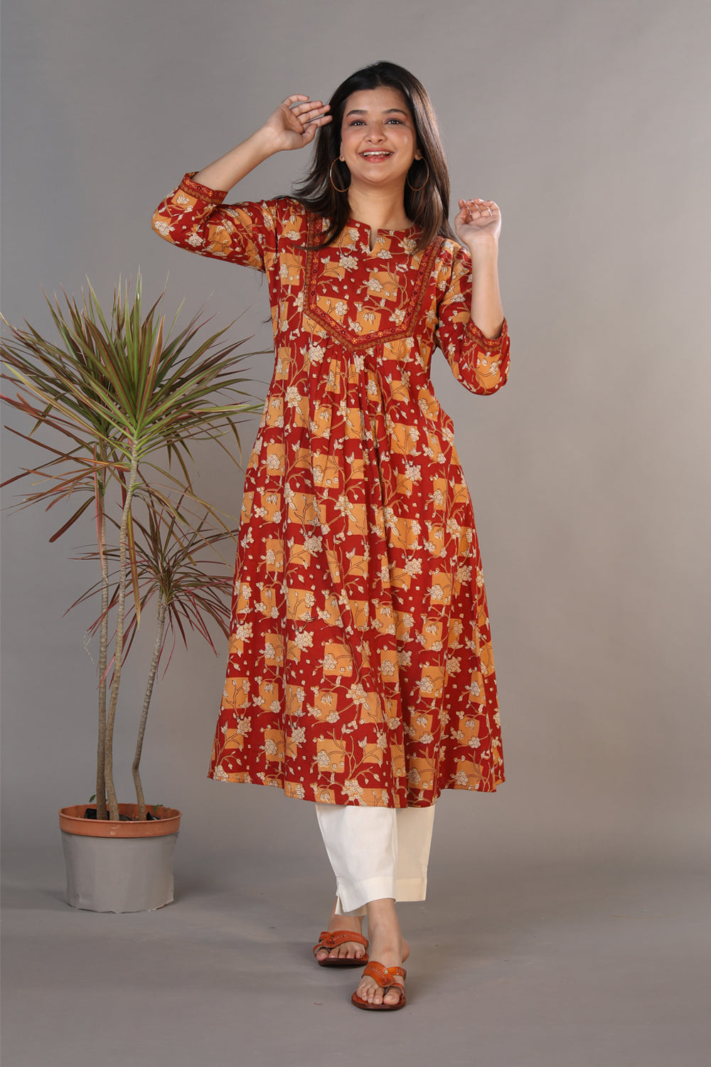 Red Floral Bell Sleeved Readymade Kurti 816KR12